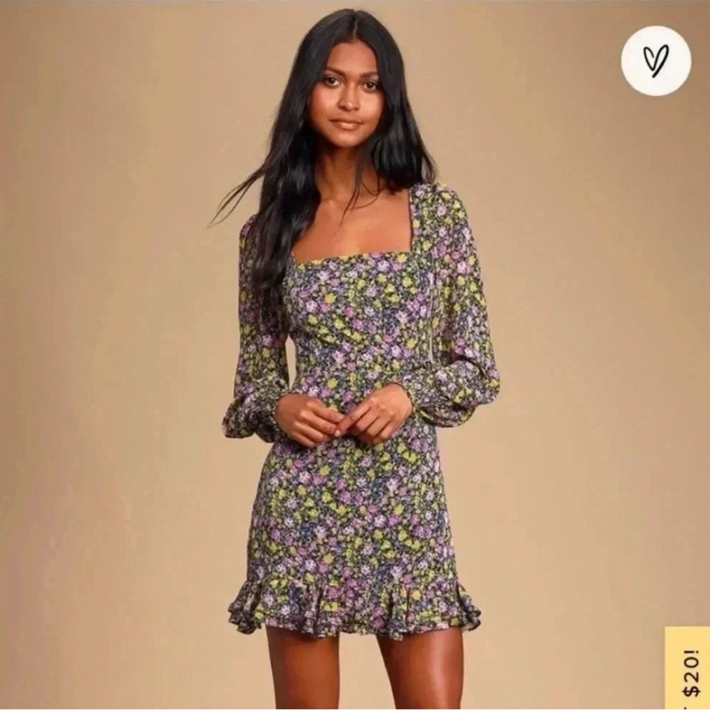 Lulus NWT Bouquet Beauty Navy Blue Floral Print Square Neck Mini Dress
